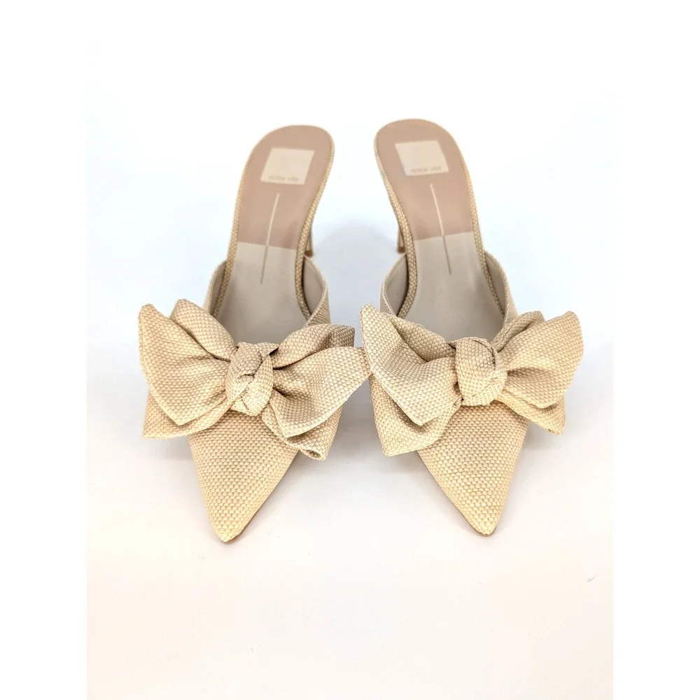 Dolce Vita Kayli Raffia Natural Bow Sandal Kitten Heel 8 Coquette Parisian Chic